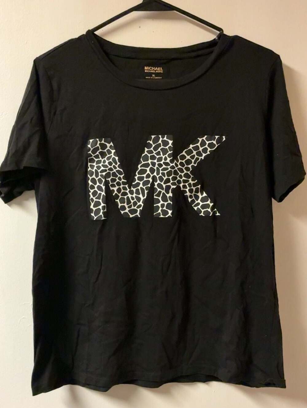 Michael Kors Black Short Sleeve T-Shirt with Animal Print MK Logo Size XL